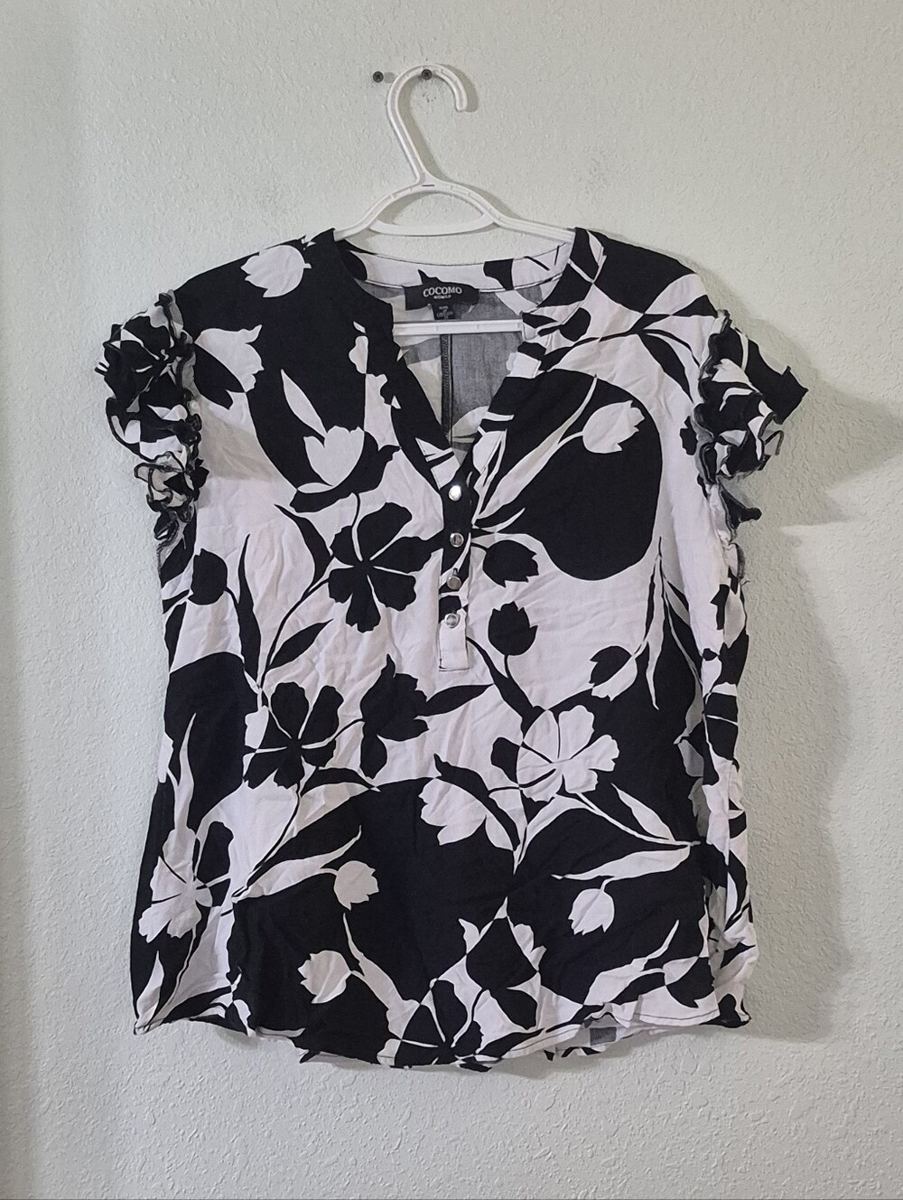 Cocomo Monochrome Floral Ruffle Sleeve Henley Blouse